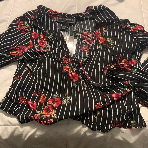 Pin stripe and floral wrap top - Picture 2 of 4